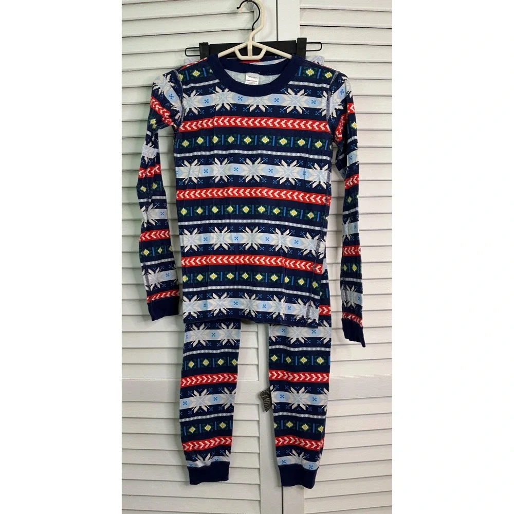 Hanna Andersson Size 160 12 Navy Fair Isle Print Holiday Organic Pajamas LJs